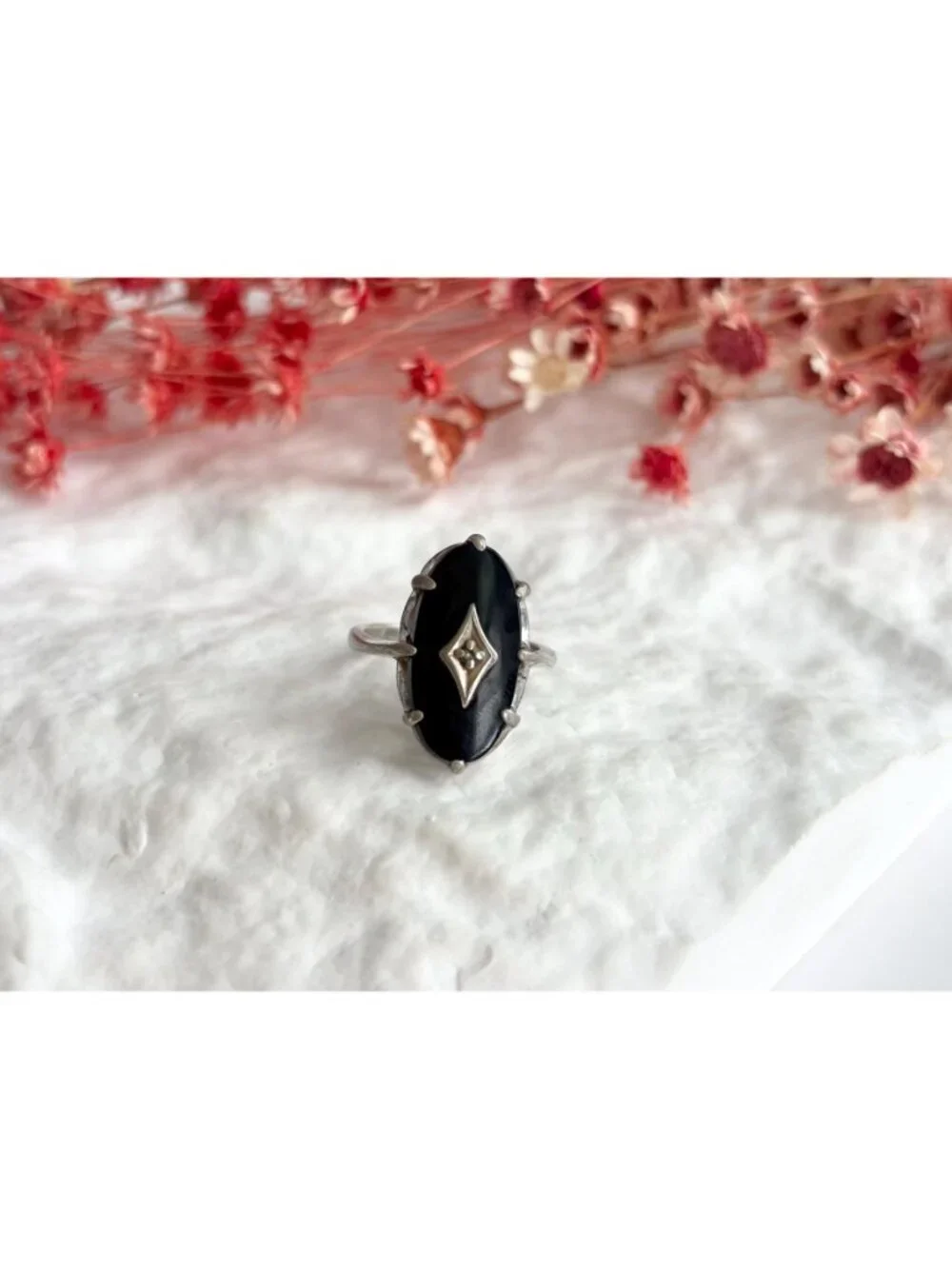 Art Deco Black Onyx Gemstone Oval Sterling Silver 925 Vintage Ring - sz 7